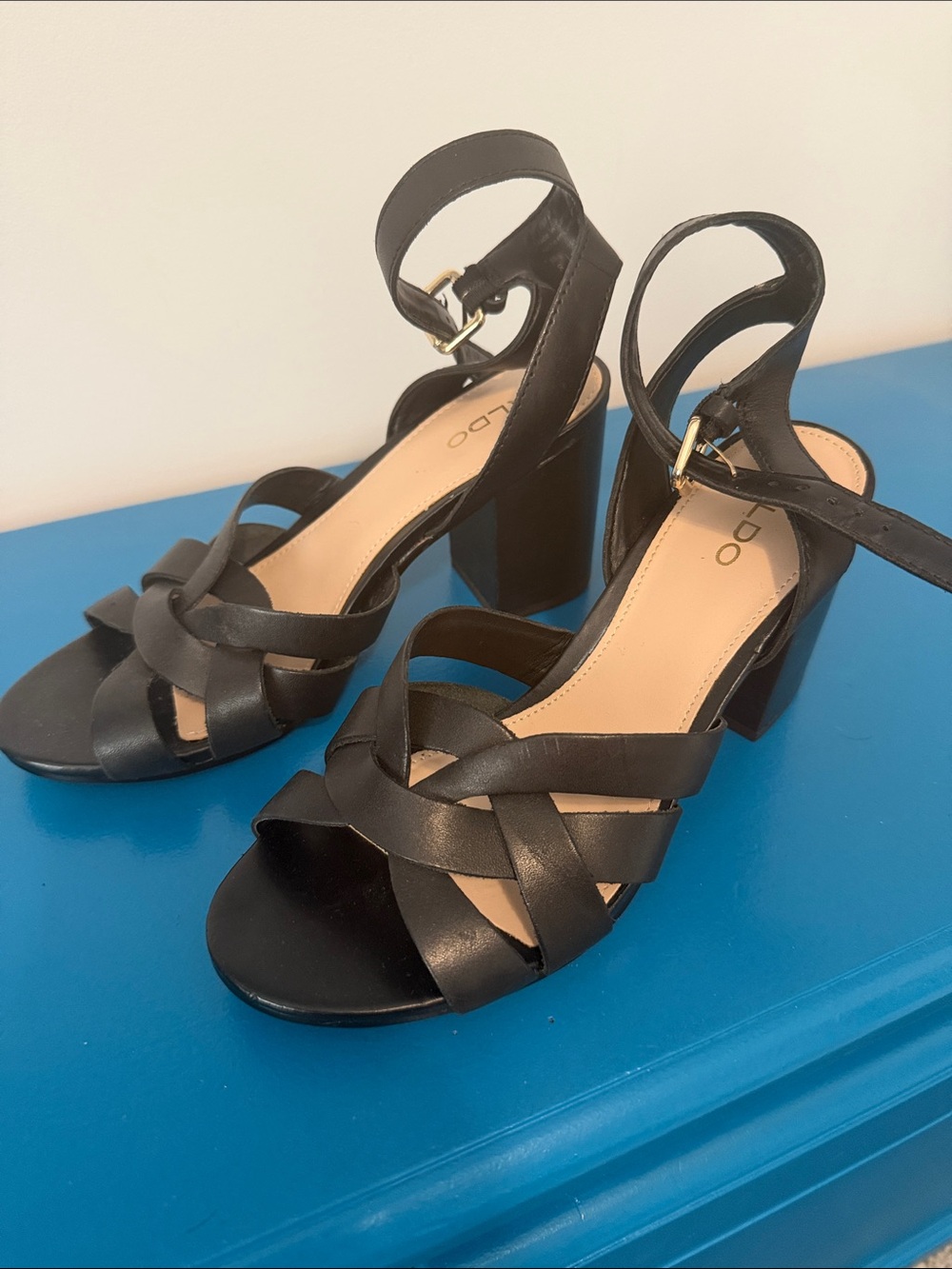 Aldo Black Leather Crisscross Block Heel Sandals with Ankle Strap